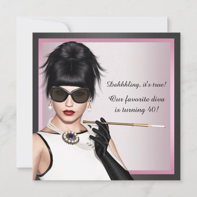 Fun Diva Womans Pink and Black Birthday Invitation (Front)