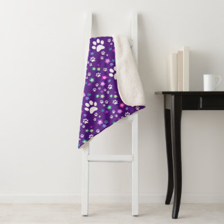 Fun Dog Blanket, Purple Dog Paw Print Sherpa Blanket