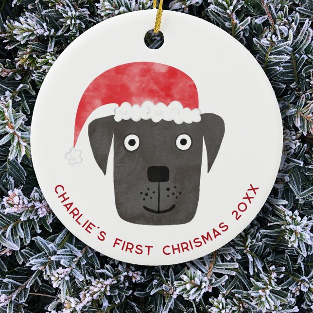 Fun Dog First Christmas Personalised Ceramic Tree Decoration (Fun Black Labrador Retriever Dog personalized name first christmas date ceramic ornament)