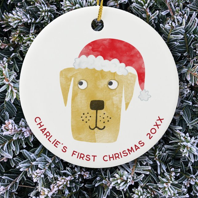 Fun Dog First Christmas Personalised Ceramic Tree Decoration (Fun Yellow Golden Labrador Retriever Dog personalized name first christmas date ceramic ornament)