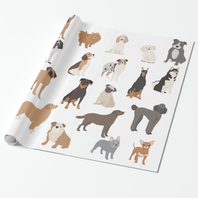 Fun Dog Lover Breeds Pattern Print Wrapping Paper (Unrolled)
