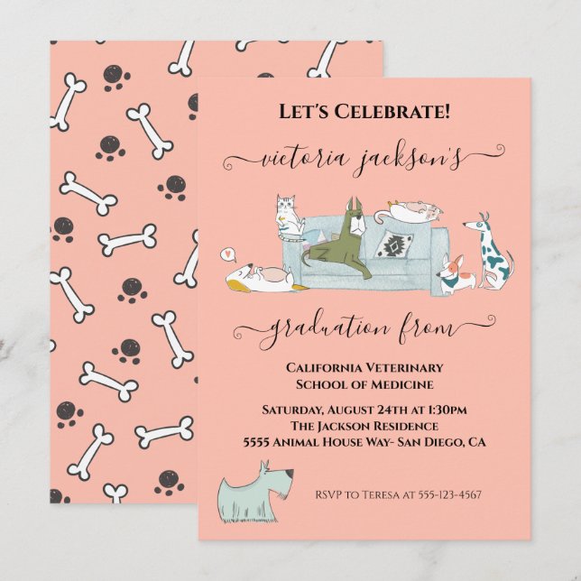 Fun Dogs & Cats Veterinarian School Graduation Invitation (Front/Back)