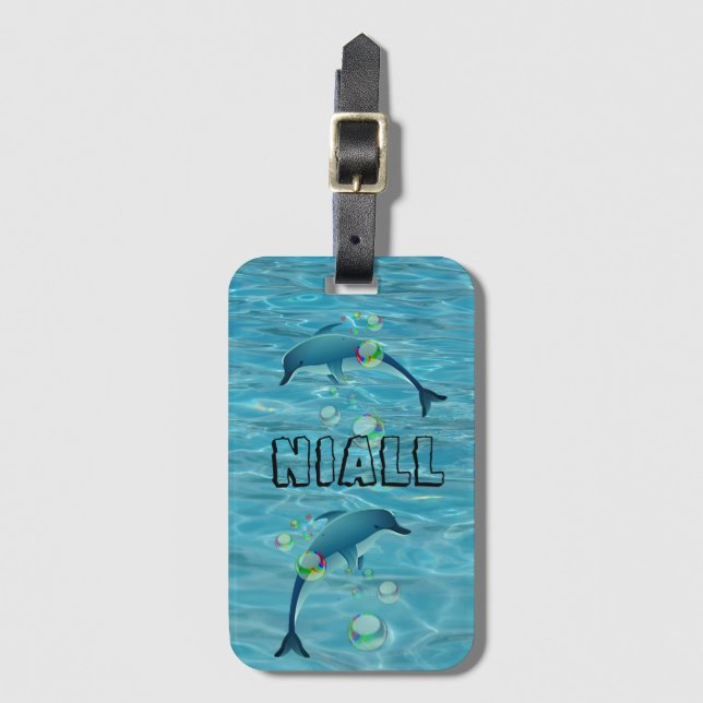 Fun Dolphin and Bubbles Personalised Luggage Tag (Front Vertical)