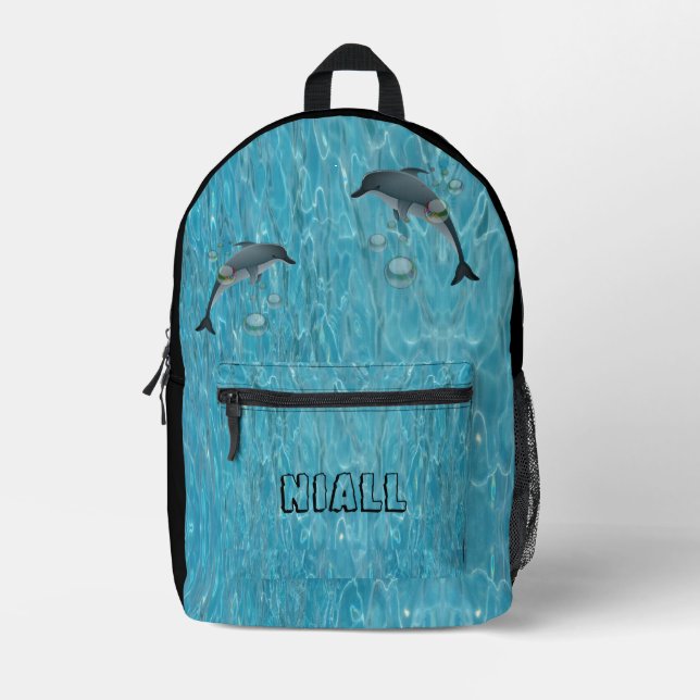 Fun Dolphins and Bubbles Ocean Personalised  Printed Backpack (Front)