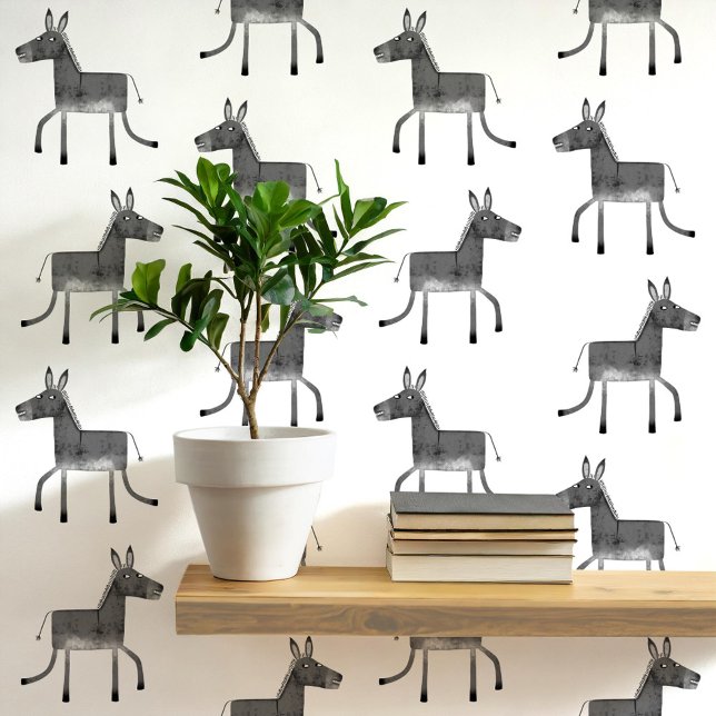Fun Donkey Grey White Pattern Wallpaper (Fun donkey pattern peel and stick wallpaper in gray and white)