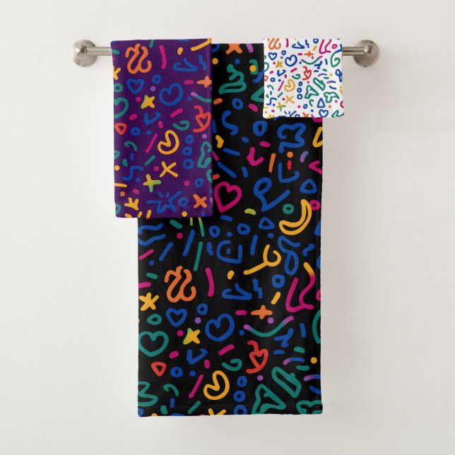 Fun doodle colourful vibrant shapes bath towel set (Insitu)