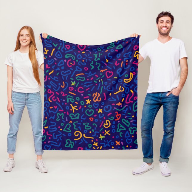 Fun doodle colourful vibrant shapes fleece blanket (In Situ)