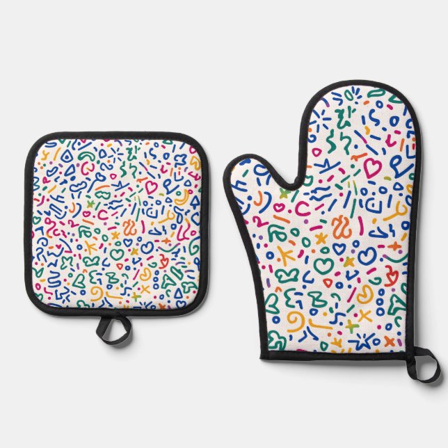 Fun doodle colourful vibrant shapes oven mitt & pot holder set (Front)