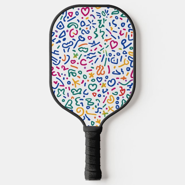 Fun doodle colourful vibrant shapes pickleball paddle (Front)