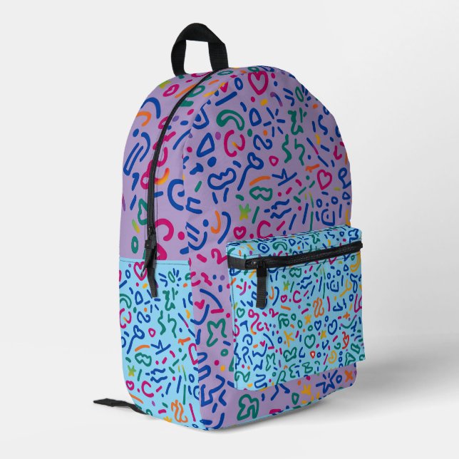 Fun doodle colourful vibrant shapes printed backpack (Back Corner Left)
