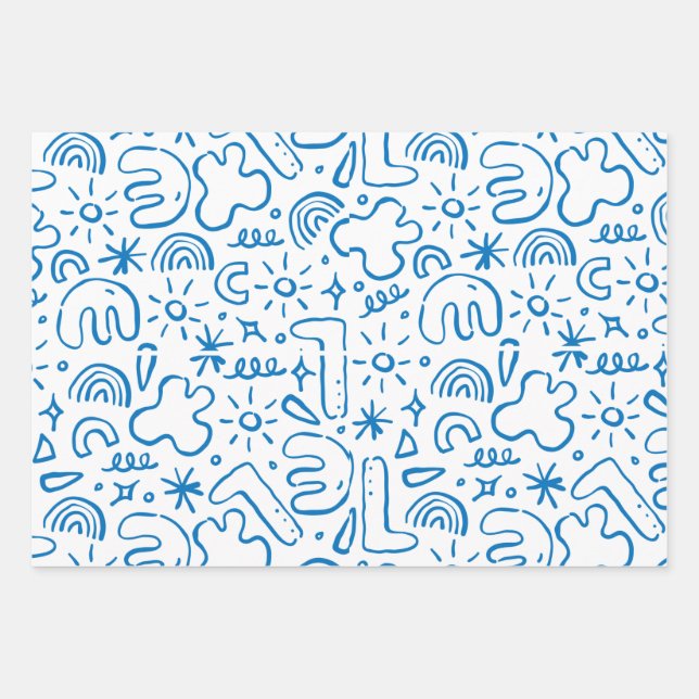 fun doodle drawings, navy, pastel blue & pink wrapping paper sheet (Front)