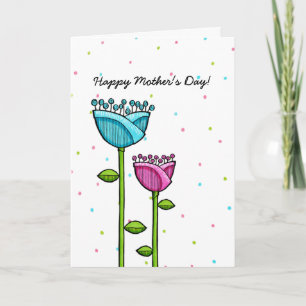 Fun Doodle Flowers blue pink dots Mother's Day Card