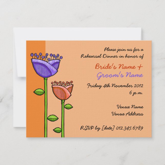 Fun Doodle Flowers orange purple Rehearsal Invitation (Front)