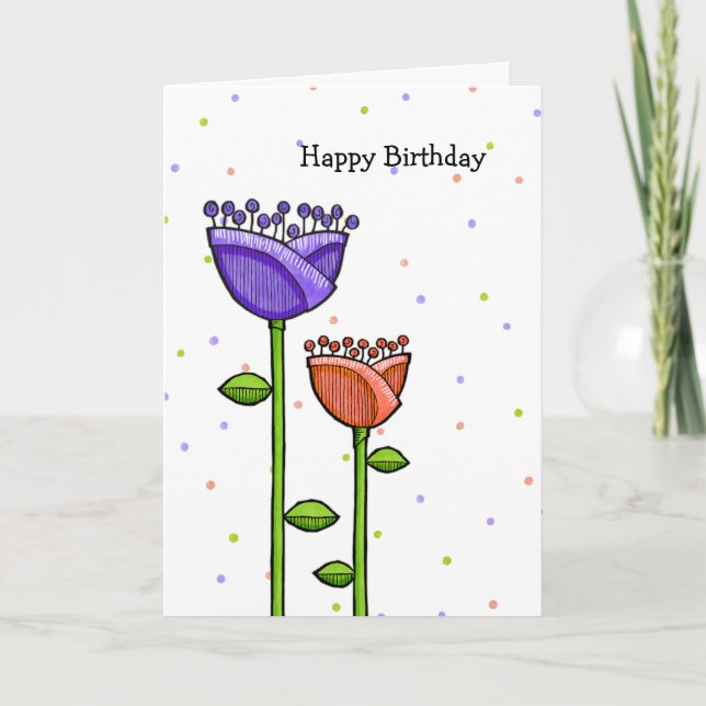 Fun Doodle Flowers purple orange dots Birthday Card (Front)