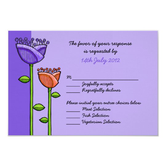 Fun Doodle Flowers purple orange Wedding RSVP Card