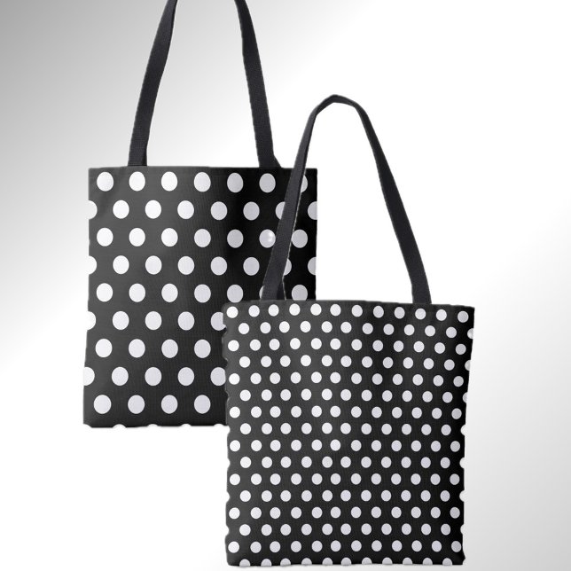 Fun Double Dots Black with White Polka Dot Tote Bag (Fun dot print in classic black and white. Two styles on one bag. )