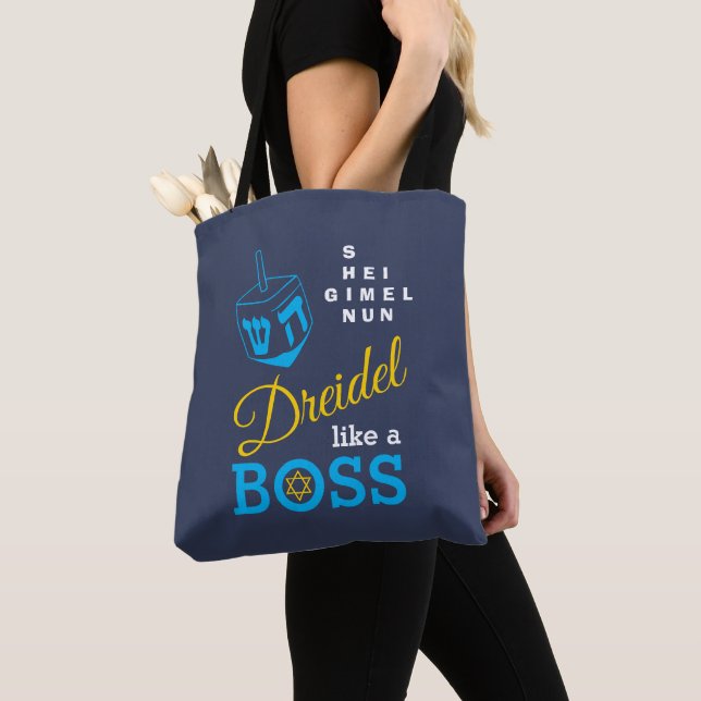 Fun Dreidel Like A Boss Hanukkah Tote Bag (Close Up)