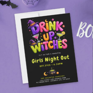 Fun Drink Up Witches Halloween Colourful Cocktails Invitation