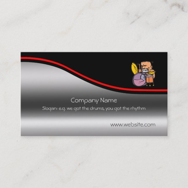 Fun Drummer Drumming, red swoosh, metallic-effect Business Card (Front)