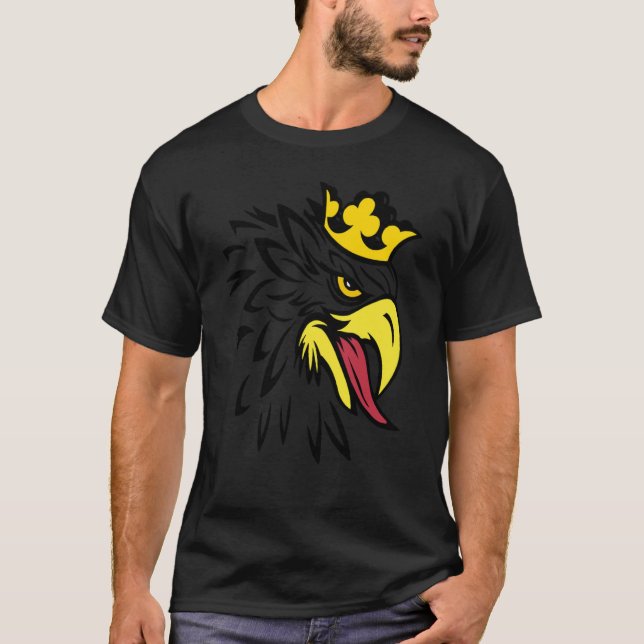 FUN EAGLE EAGLE BIRD WITH CROWN YELLOW EYES BOLD E T-Shirt (Front)