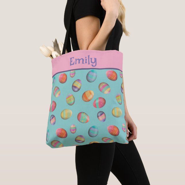 Fun Easter Egg Pastel Personalised Name  Tote Bag (Close Up)