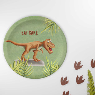 Fun Eat Cake Greenery T-Rex Children Party Paper Plate