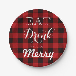 Fun Eat Drink and be Merry red buffalo plaid Paper Plate
