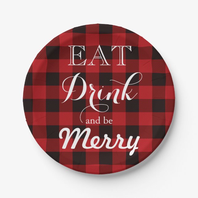Fun Eat Drink and be Merry  red buffalo plaid Paper Plate (Front)