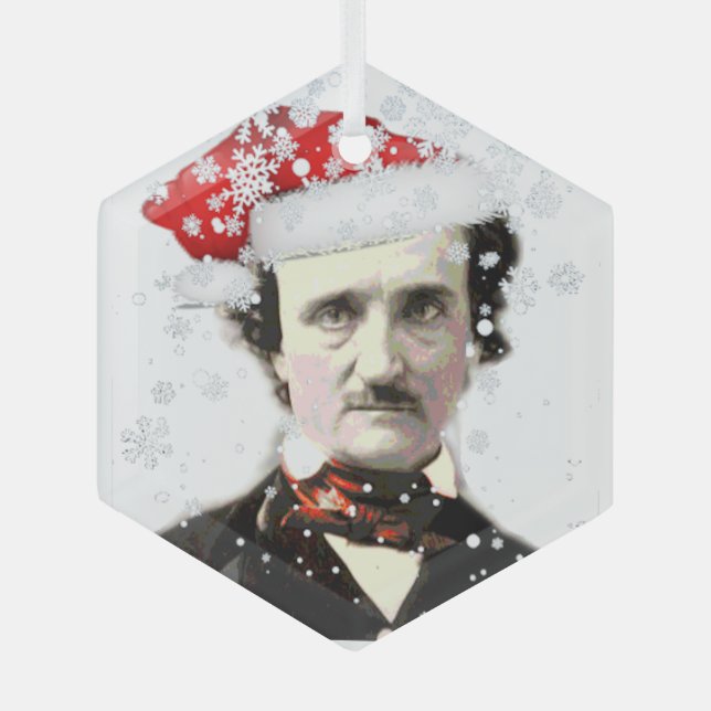 Fun Edgar Allan Poe Santa Hat Humour Glass Tree Decoration (Front)