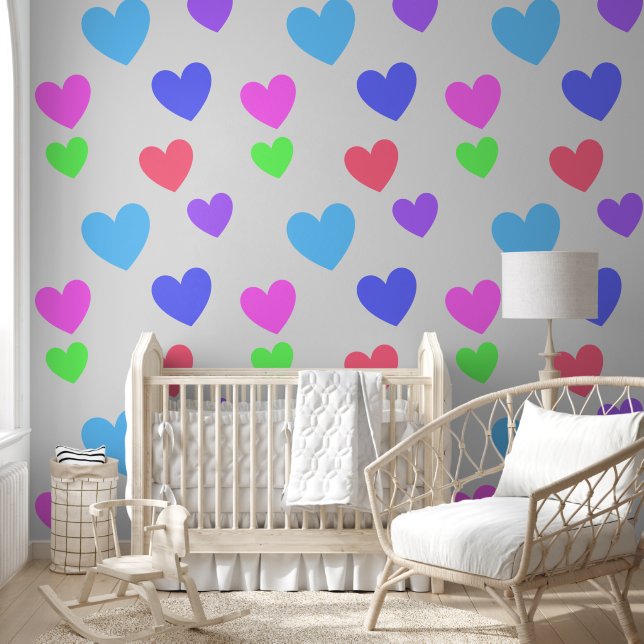 Fun & Elegant Bright Colourful Hearts Pattern Wallpaper (Kids)