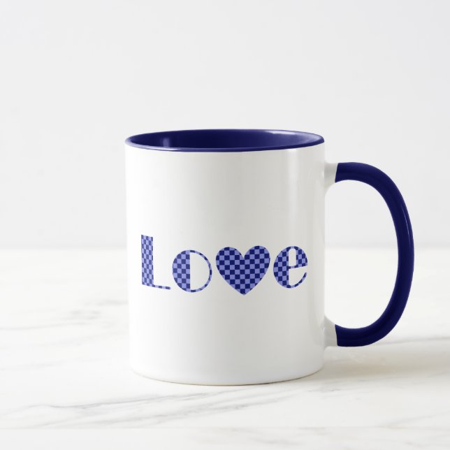 Fun, Elegant LOVE and Heart in Blue Chequered Art Mug (Right)