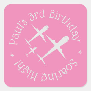 Fun, Elegant Personalised Birthday Aeroplanes Pink Square Sticker