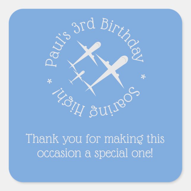 Fun, Elegant Personalised Three Aeroplanes on Blue Square Sticker (Front)