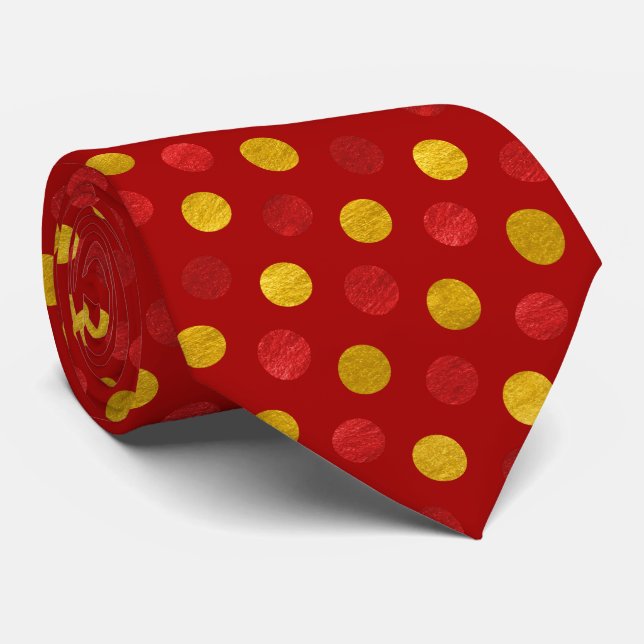 Fun Elegant Red & Gold Polka Dots Modern Christmas Tie (Rolled)