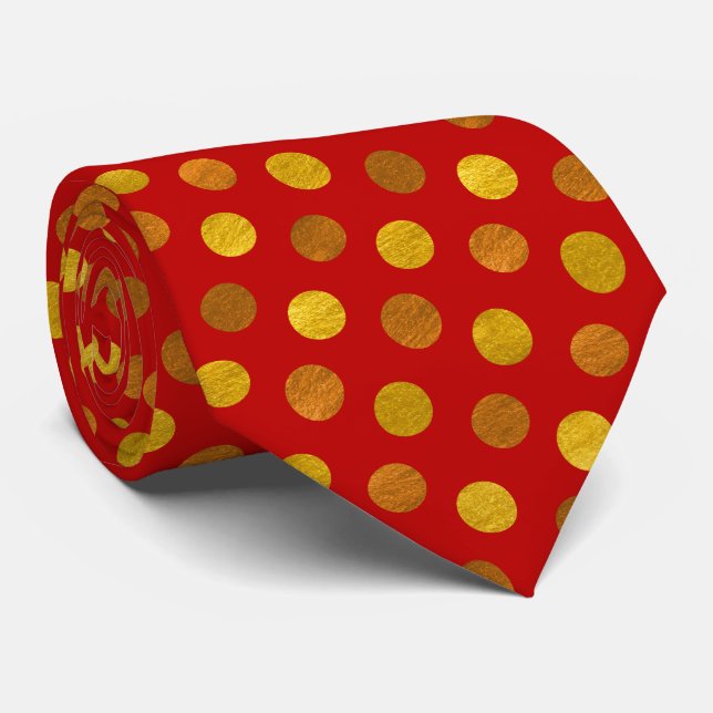 Fun Elegant Red & Gold Polka Dots Modern Christmas Tie (Rolled)