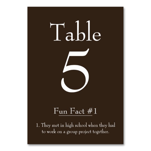 Fun Fact about the Bride and Groom Chocolate Brown Table Number (Front)