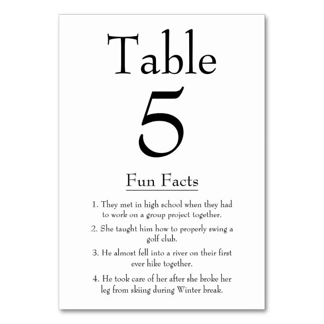 Fun Facts about the Bride and Groom Modern Wedding Table Number (Front)