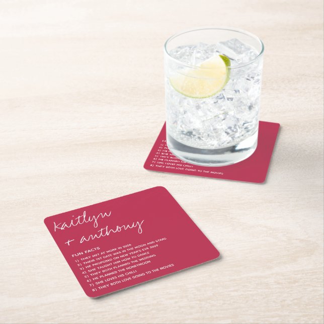 Fun Facts About The Newlyweds Modern Wedding Square Paper Coaster (Insitu)