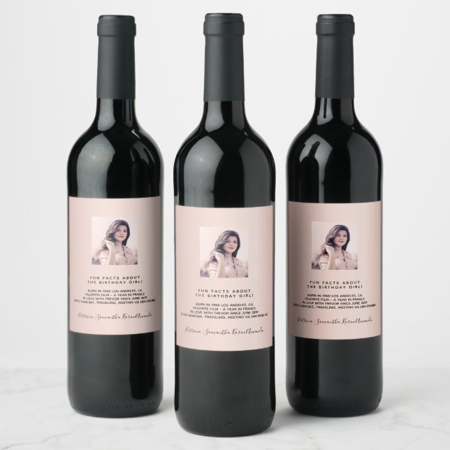Fun facts birthday photo rose gold pink bio wine label (Bottles)