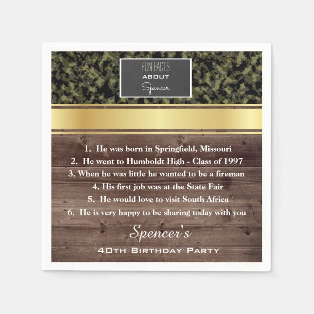 "Fun Facts"  Elegant Camouflage Birthday Party Napkin (Front)