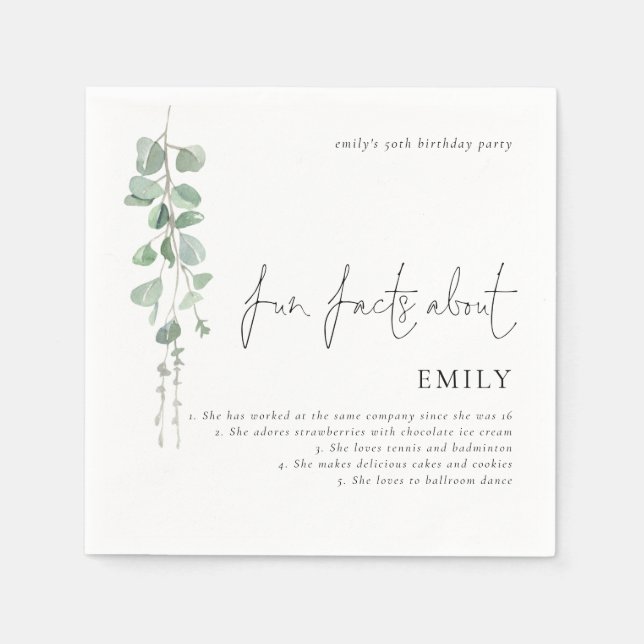 Fun Facts Eucalyptus Script 50th Birthday Party Napkin (Front)