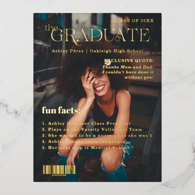 Fun Facts | Graduate Magazine Cover Photo  Foil Invitation Postcard (Front)