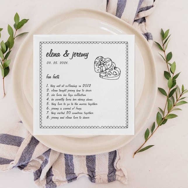 Fun facts Hand Illustrated Wedding Party Napkins (hand written fun facts wedding napkins)
