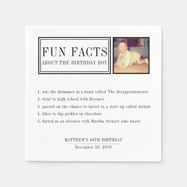 Fun Facts personalised napkins for birthdays (Front)