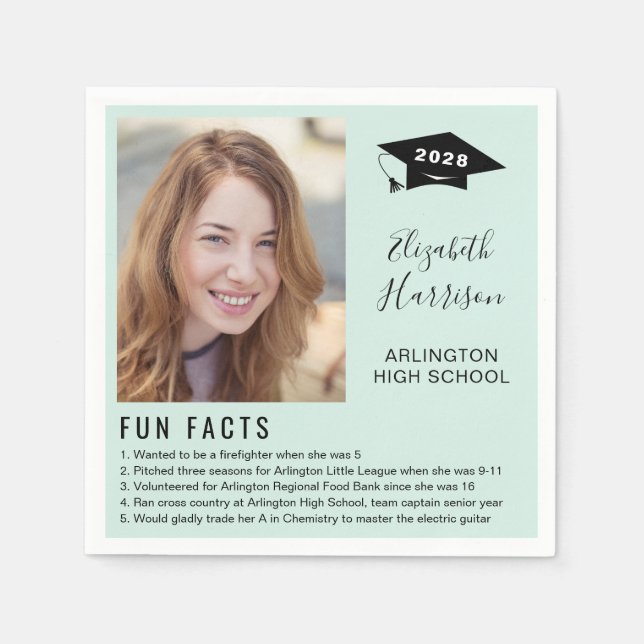 Fun Facts Photo Script Mint Graduation Napkin (Front)