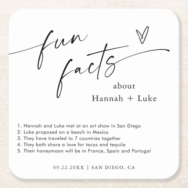 Fun Facts Wedding Coaster | Personalised Coasters (Front)