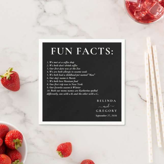 Fun Facts Wedding Cocktail Text Black White Napkin (Insitu)