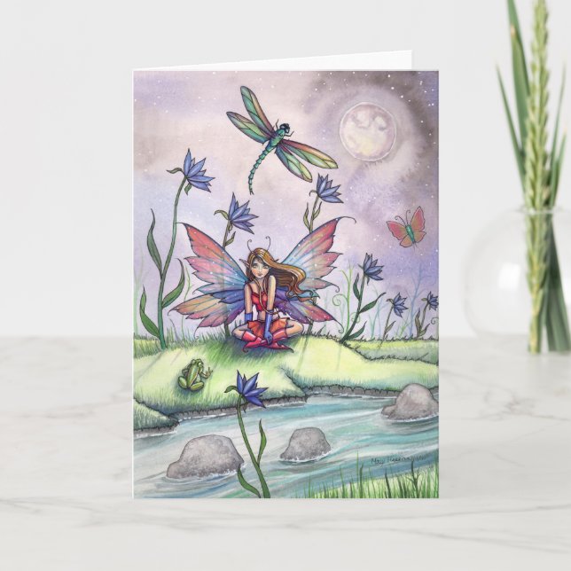 Fun Fairy Dragonfly and Frog by Stream Card (Front)
