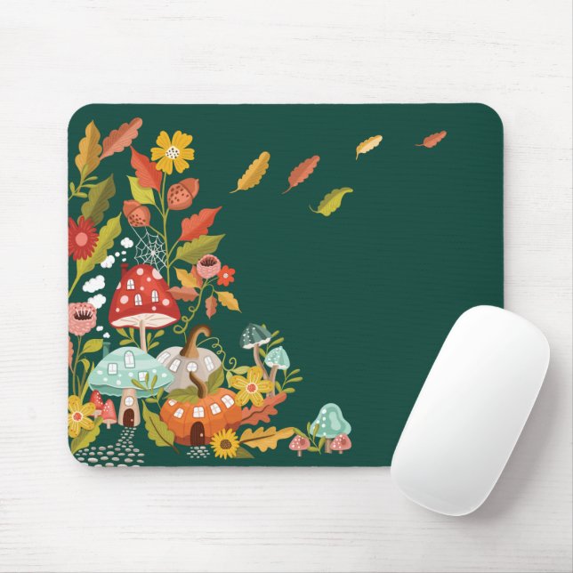 Fun Fairy Garden Autumn Leafs Mushrooms & Pumpkin Mouse Mat (With Mouse)