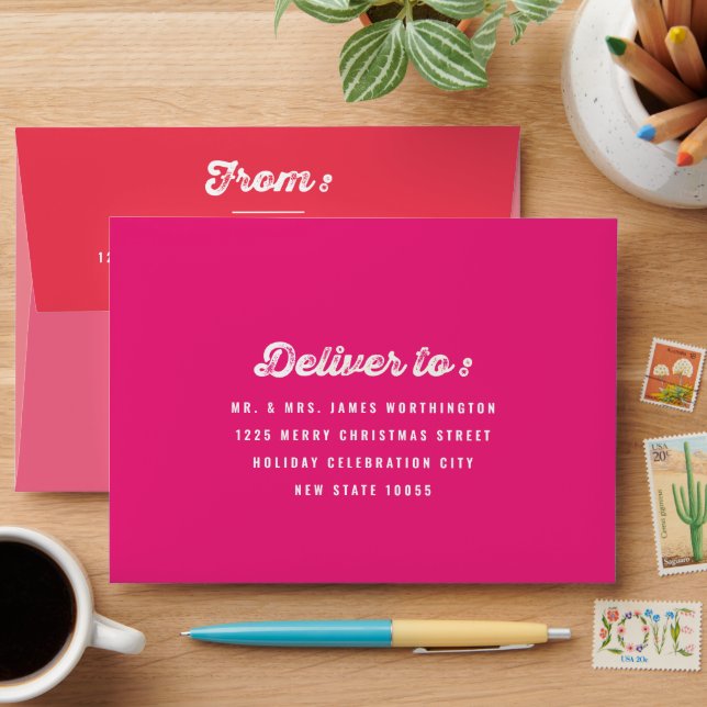 Fun Falalalala Bold Script On Red Modern Holiday Envelope (Desk)